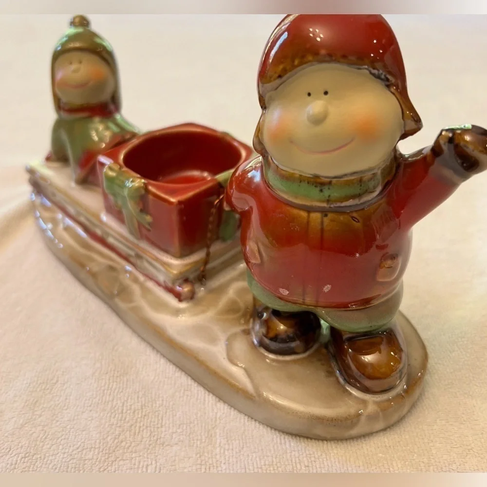 Vintage Christmas Yankee Candle Holder Holiday KIDS WITH SLED Snow Ceramic